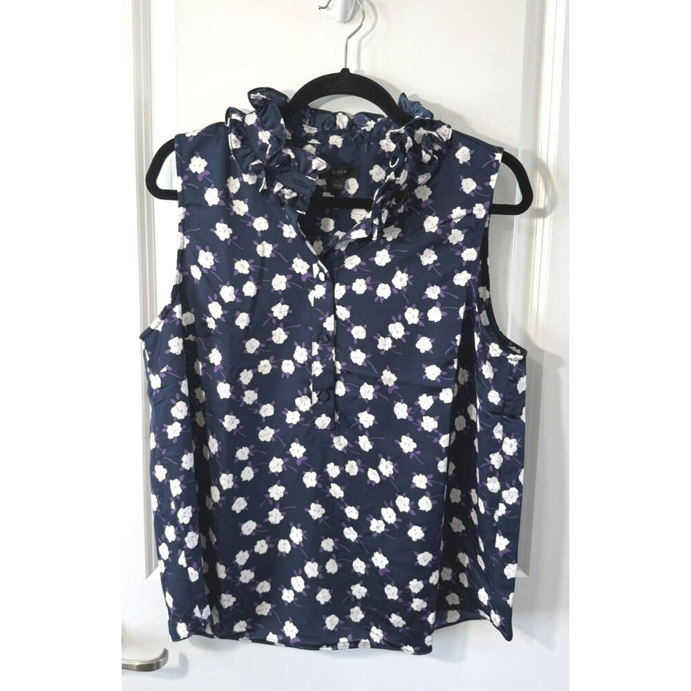 J Crew Blouse Womens M Blue Floral Sleeveless Ruffle Neck Lined Career NWOT